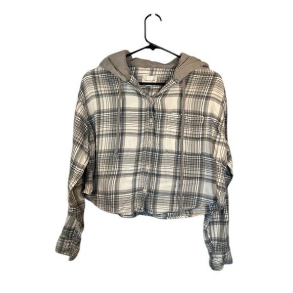 American Eagle Gray Plaid Button Front Hooded Distressed Cropped Shirt Women XS - Picture 1 of 12